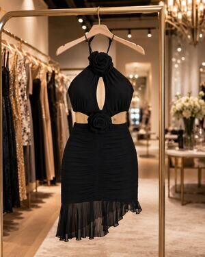 MAJORELLE Yesenia Mini Dress XL NWT Black Halter Cutout Ruched Cocktail Rosettes